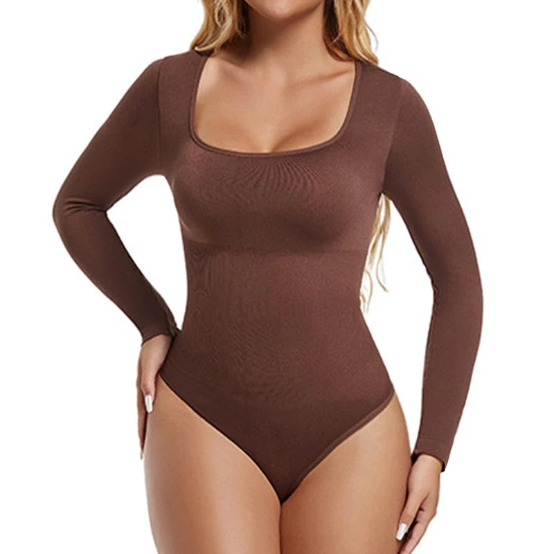 GUUDIA Spandex Elastic Body Suit Shapewear Women Body Shaper Tummy Control Long Sleeve Open Crotch Big U Neck Seamless Shapers