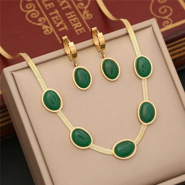 316L Stainless Steel Simple Flat Snake Chain Emerald Stone Pendant Bracelet Necklace Earring Set Indian Jewelry