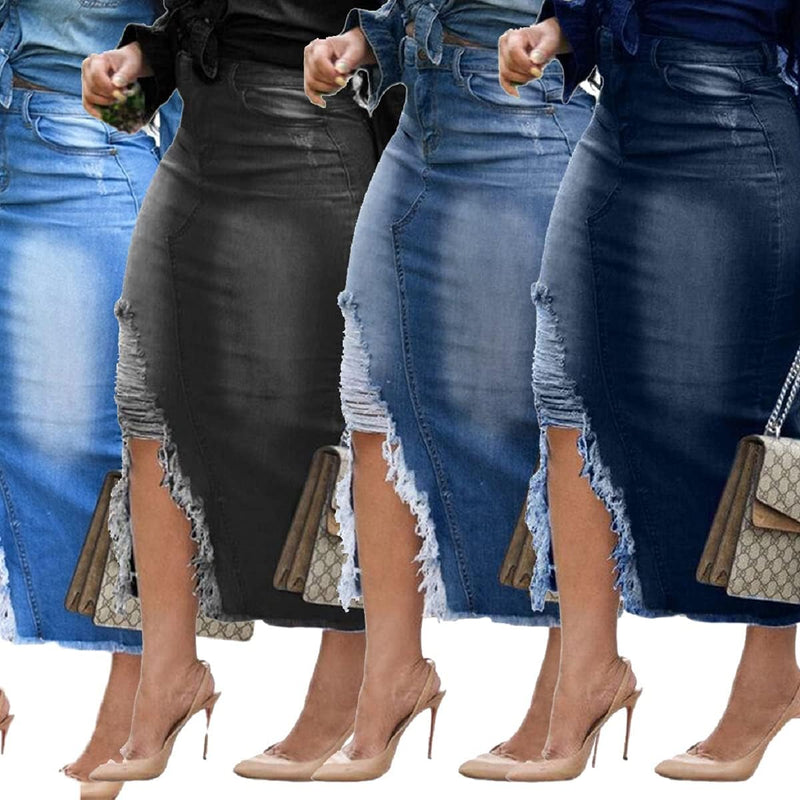 Womens Casual Slit Denim Midi Jean Skirt Stretch High Waist Frayed Button up with Pockets