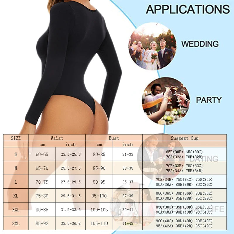 GUUDIA Spandex Elastic Body Suit Shapewear Women Body Shaper Tummy Control Long Sleeve Open Crotch Big U Neck Seamless Shapers