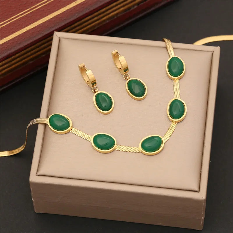 316L Stainless Steel Simple Flat Snake Chain Emerald Stone Pendant Bracelet Necklace Earring Set Indian Jewelry